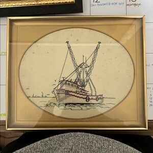 Framed Needlepoint Shrimp Trawler